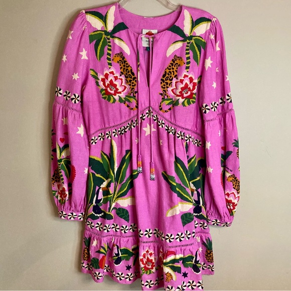 FARM Rio Pink Leopard Forest Mini Dress Linen Blend Beaded Tassels Flowy Size S - Picture 7 of 16